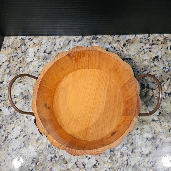 Pier One Rustic Hand Carved Pumpkin Bowl With Metal Handles and Leaf Accent - Picture 5 of 10